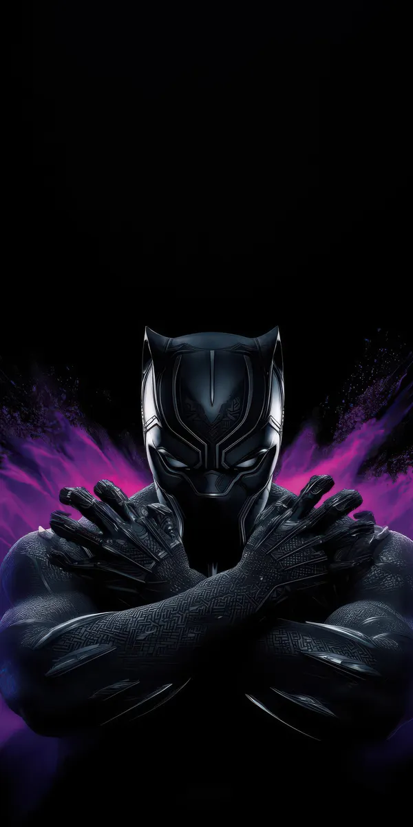 Black Panther in his black suit with arms crossed in the Wakanda Forever pose, set against a dark background with purple energy.