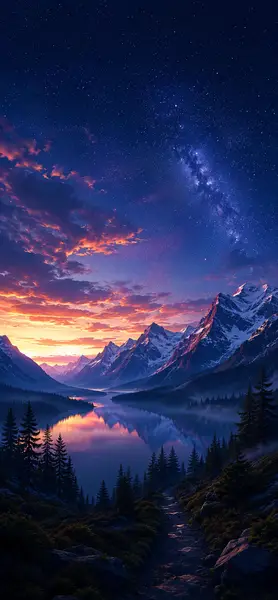 Starry Mountain Lake Sunset Wallpaper