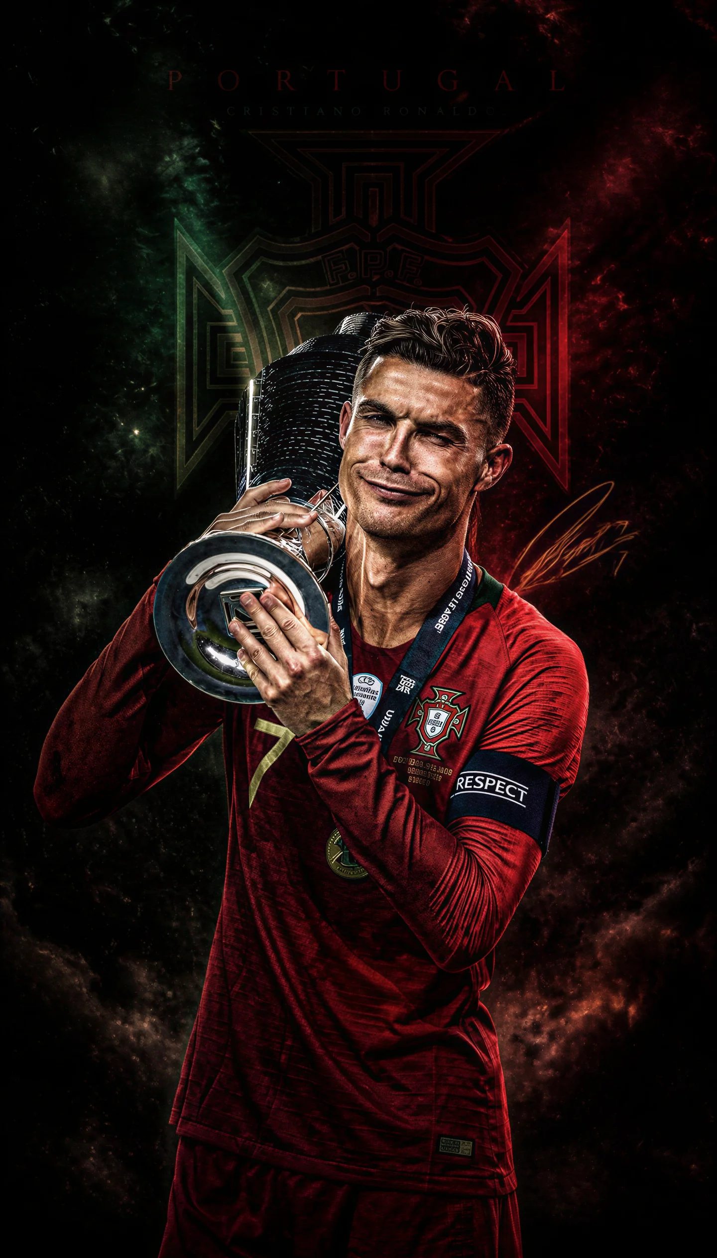 Cristiano Ronaldo in a red Portugal jersey, smiling and holding a silver trophy, against a dark background with red and green light effects.
