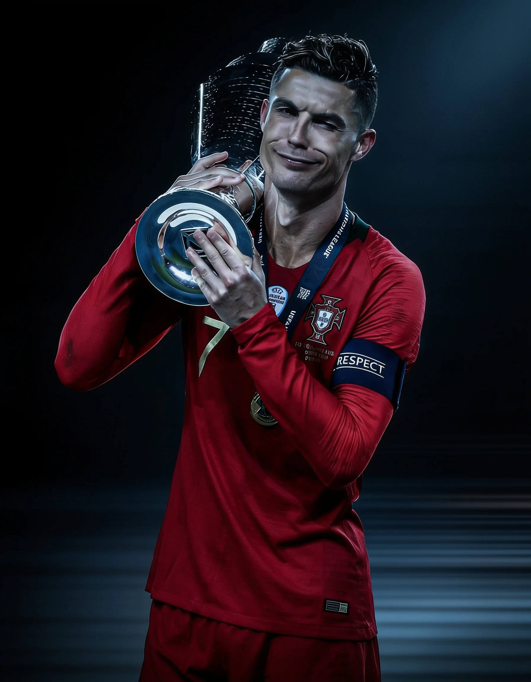 Cristiano Ronaldo in a red Portugal jersey holding the UEFA Nations League trophy with a confident expression against a dark background.