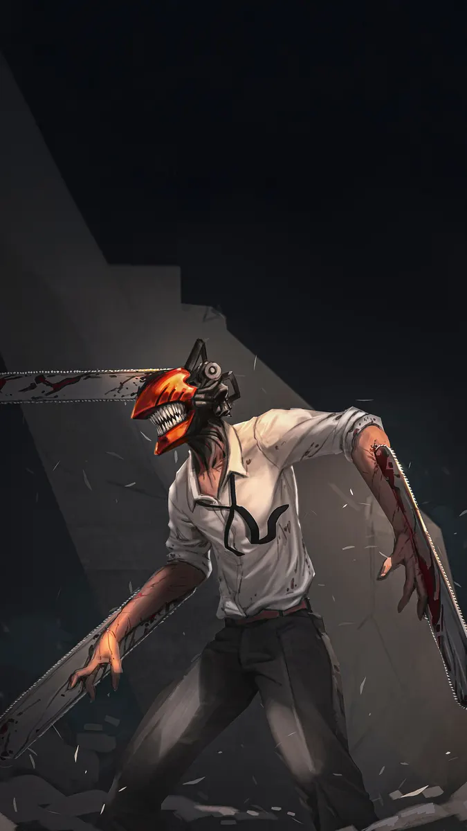 Denji from Chainsaw Man in his chainsaw devil form, with an orange chainsaw head and arm blades, in a dark, action-oriented setting.