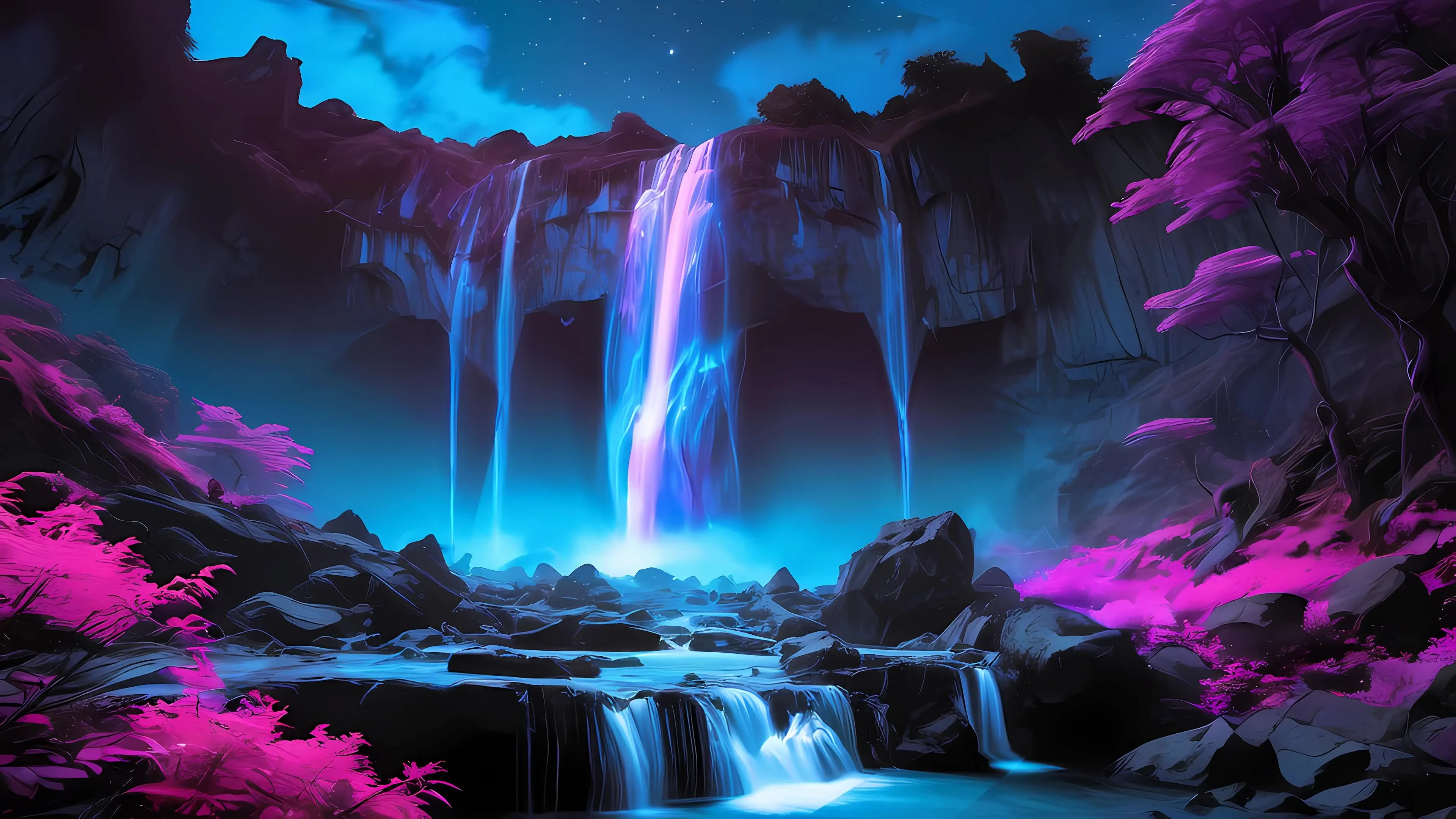 A digital art landscape featuring a glowing blue and purple waterfall flowing into a river with bright pink plants under a starry night.