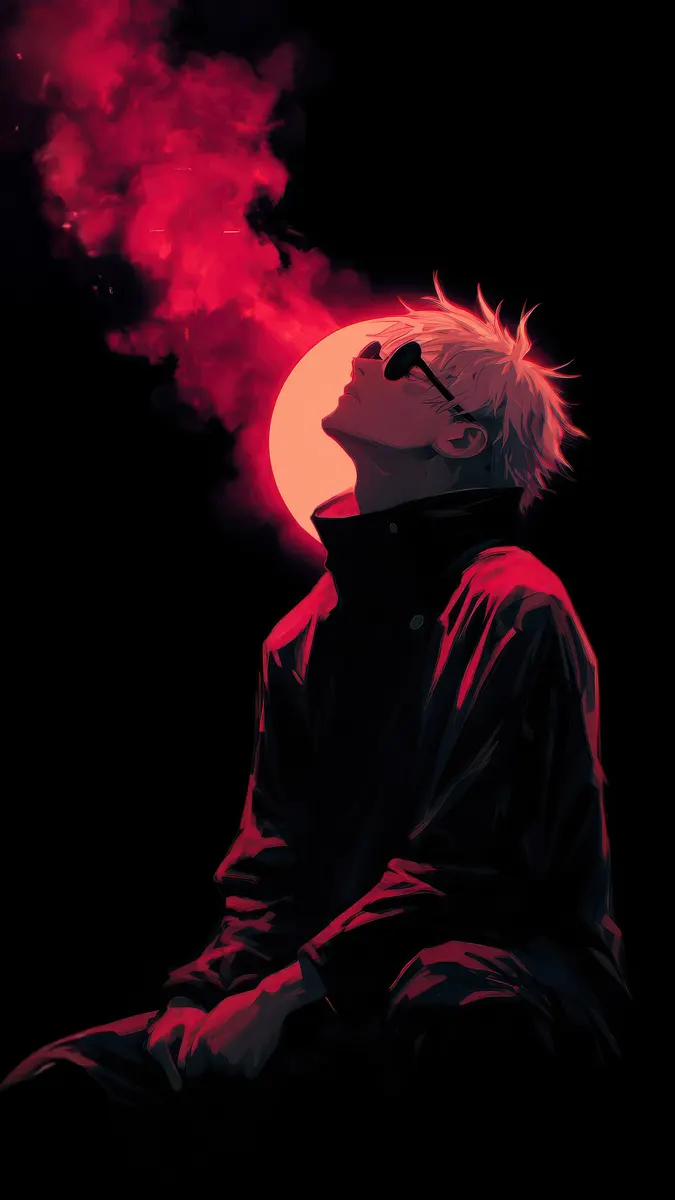 An anime character with white hair and sunglasses looks up, illuminated by a red circular light and red smoke against a dark background.