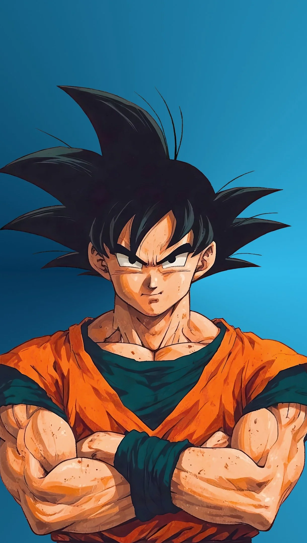 Close-up portrait of Goku from Dragon Ball with a serious expression against a blue background.