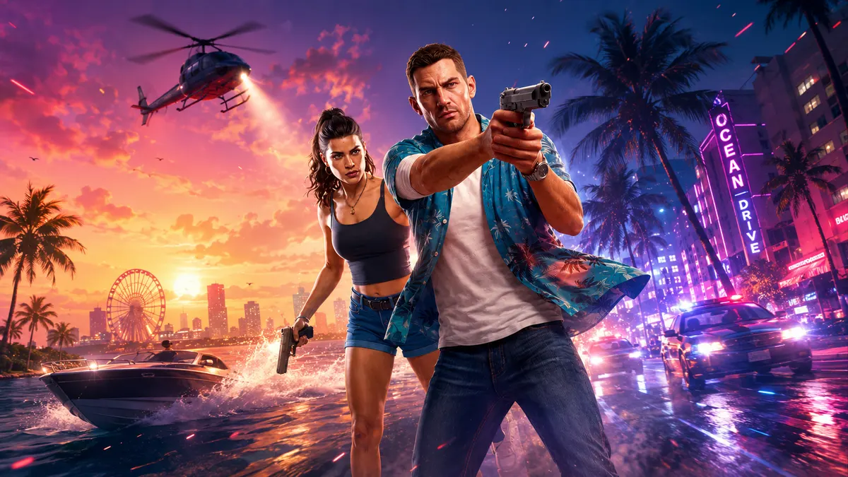 Grand Theft Auto 6 protagonists Lucia and Jason holding guns in a vibrant Vice City-inspired setting with neon lights and a sunset.
