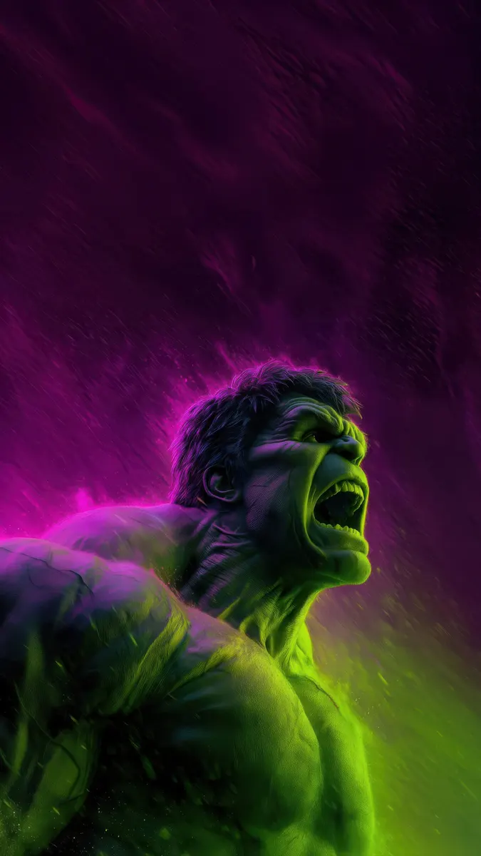 The Hulk is shown roaring with green and purple light against a dark, smoky background.