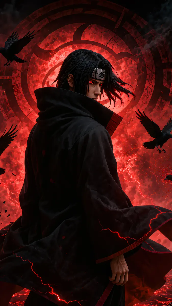Itachi Uchiha from Naruto in his Akatsuki cloak with glowing red eyes and crows against a red, fiery background.