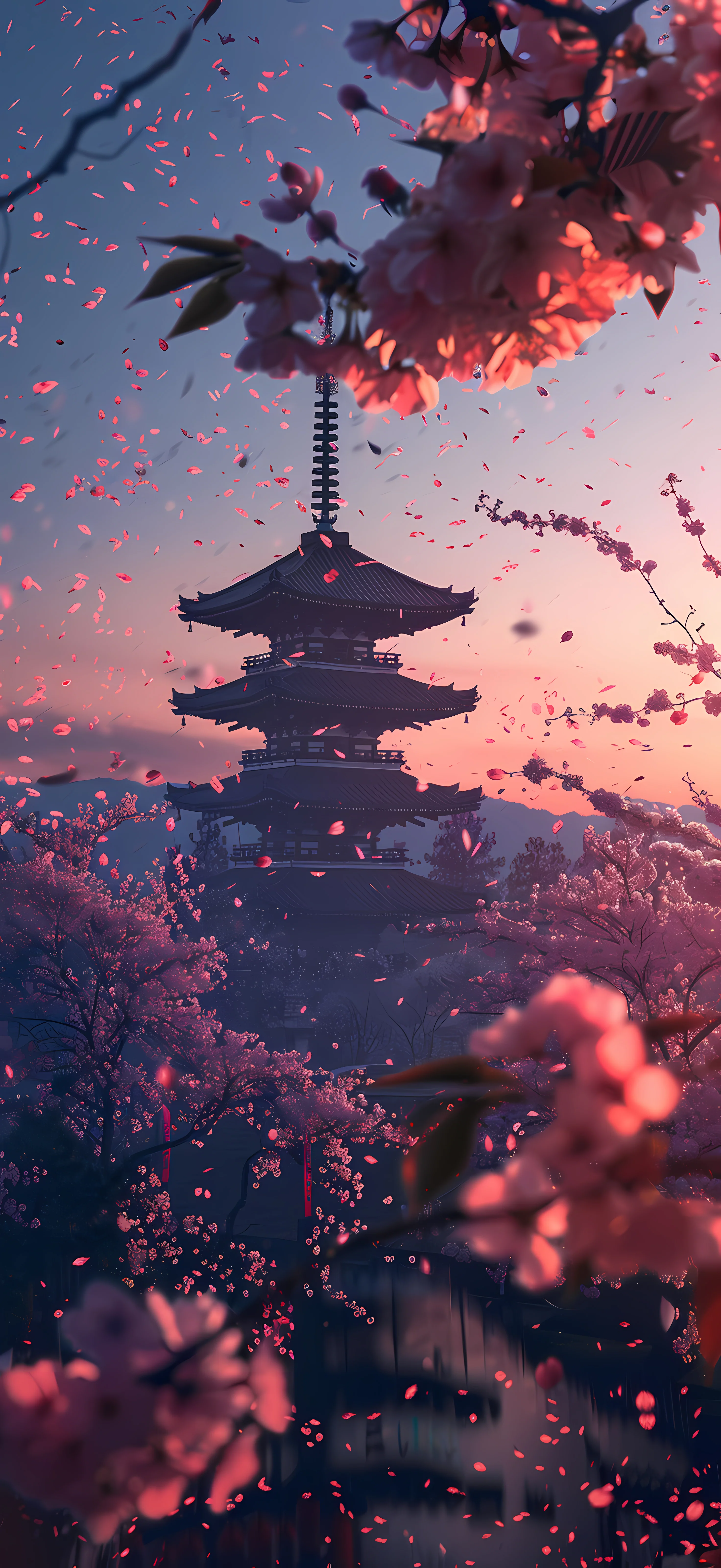 A traditional Japanese pagoda is surrounded by pink cherry blossom trees with petals falling, set against a warm sunset sky.