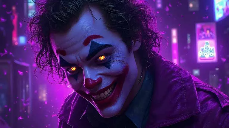 A close-up of a Joker-like character with clown makeup, glowing yellow eyes, and a sinister smile, surrounded by purple neon lights and falling confetti.