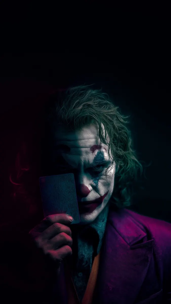 A close-up of the Joker from the movie, wearing clown makeup and a purple suit, holding a dark playing card to his face with dramatic lighting.