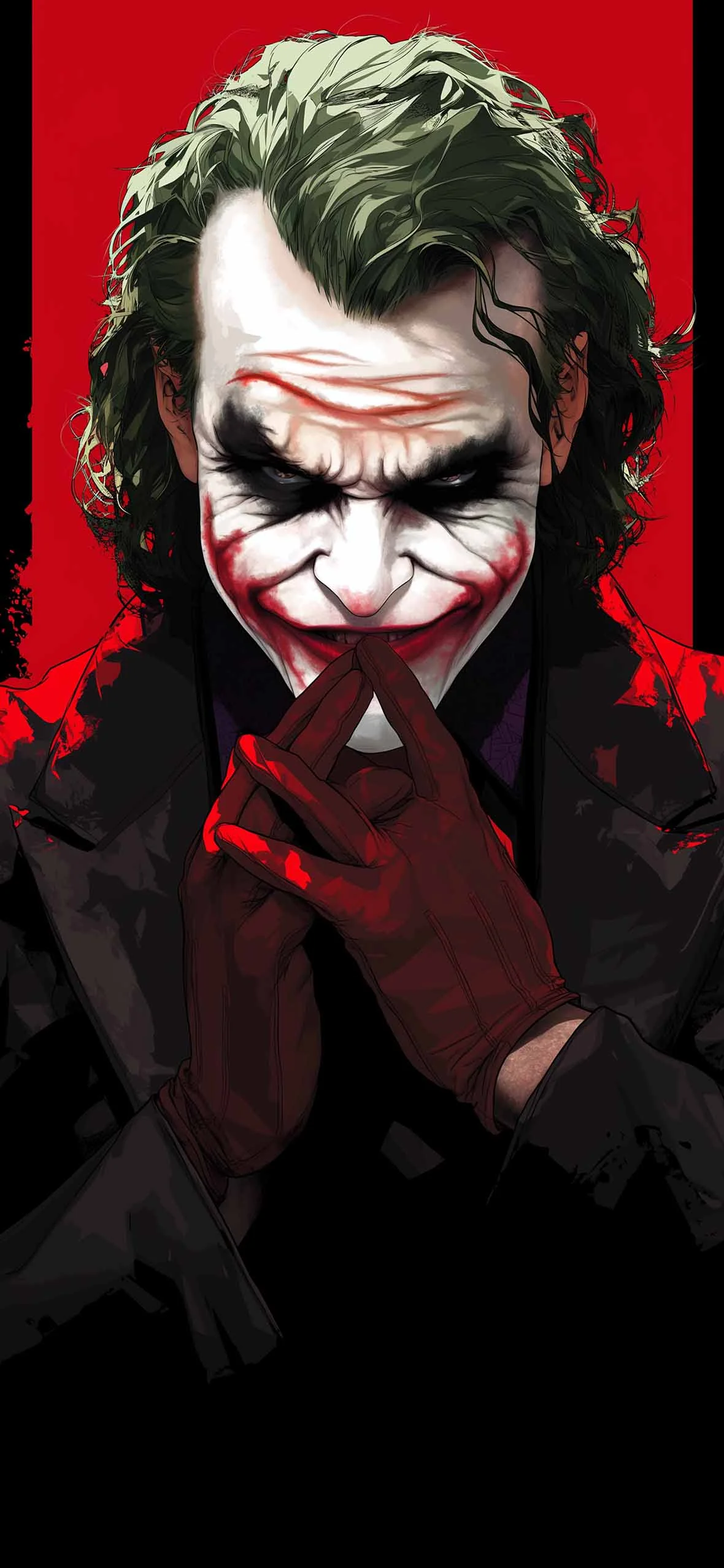 A close-up illustration of the Joker with white face paint, red smile, and green hair, wearing red gloves against a red and black background.