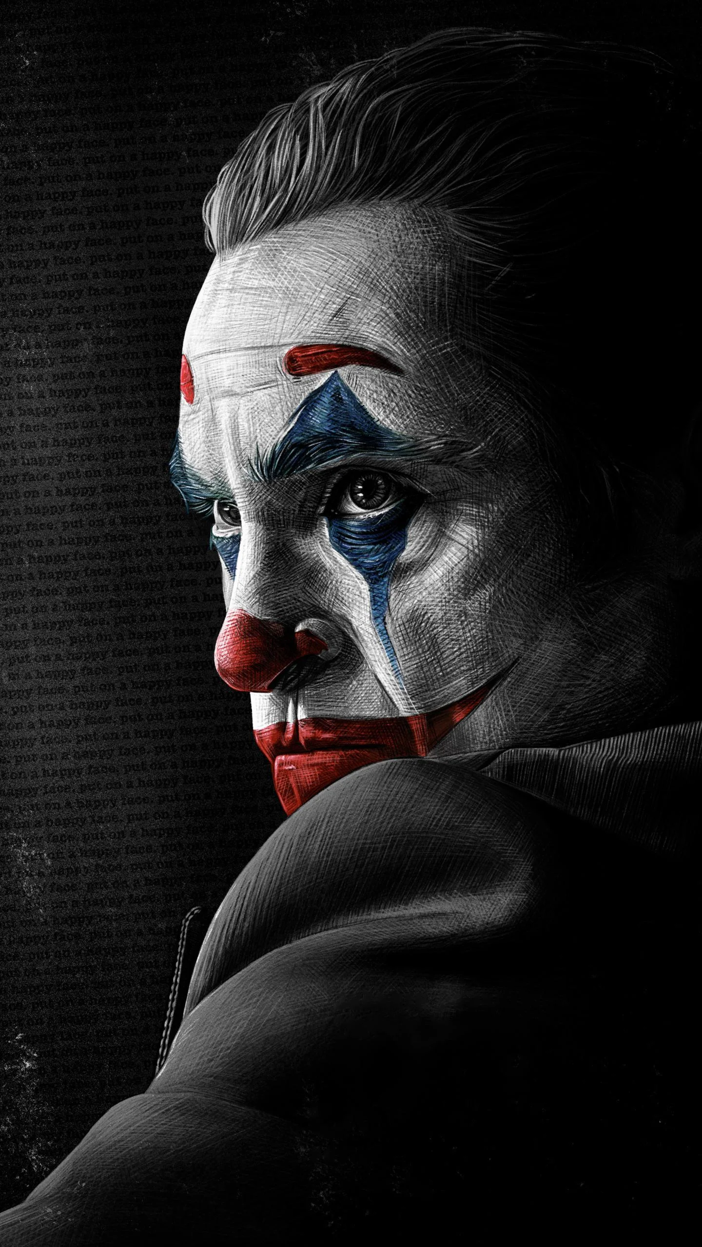 A close-up, vertical portrait of Joaquin Phoenix as the Joker, featuring his white face paint, red smile, and blue tears, against a dark, textured background.
