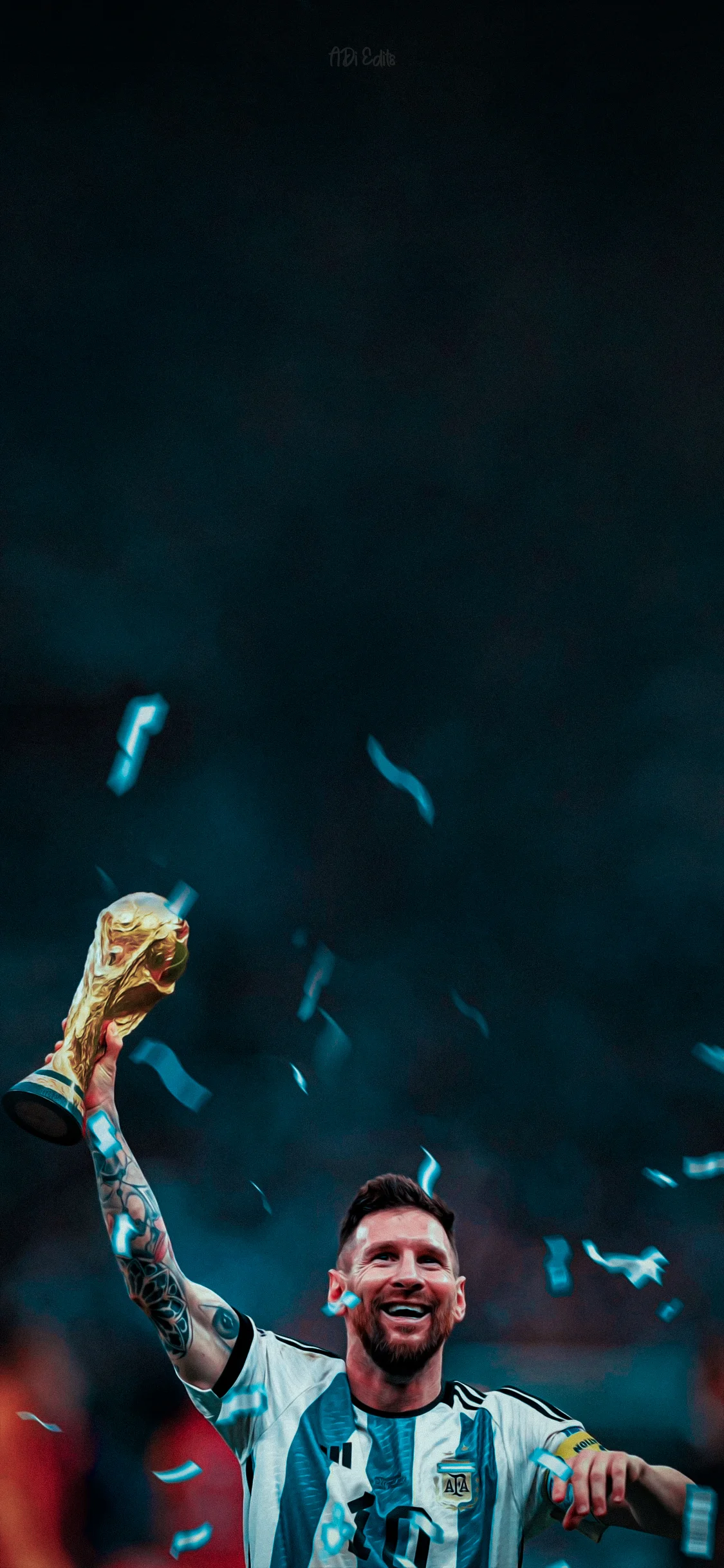Lionel Messi smiling and holding the FIFA World Cup trophy high with blue confetti falling around him.