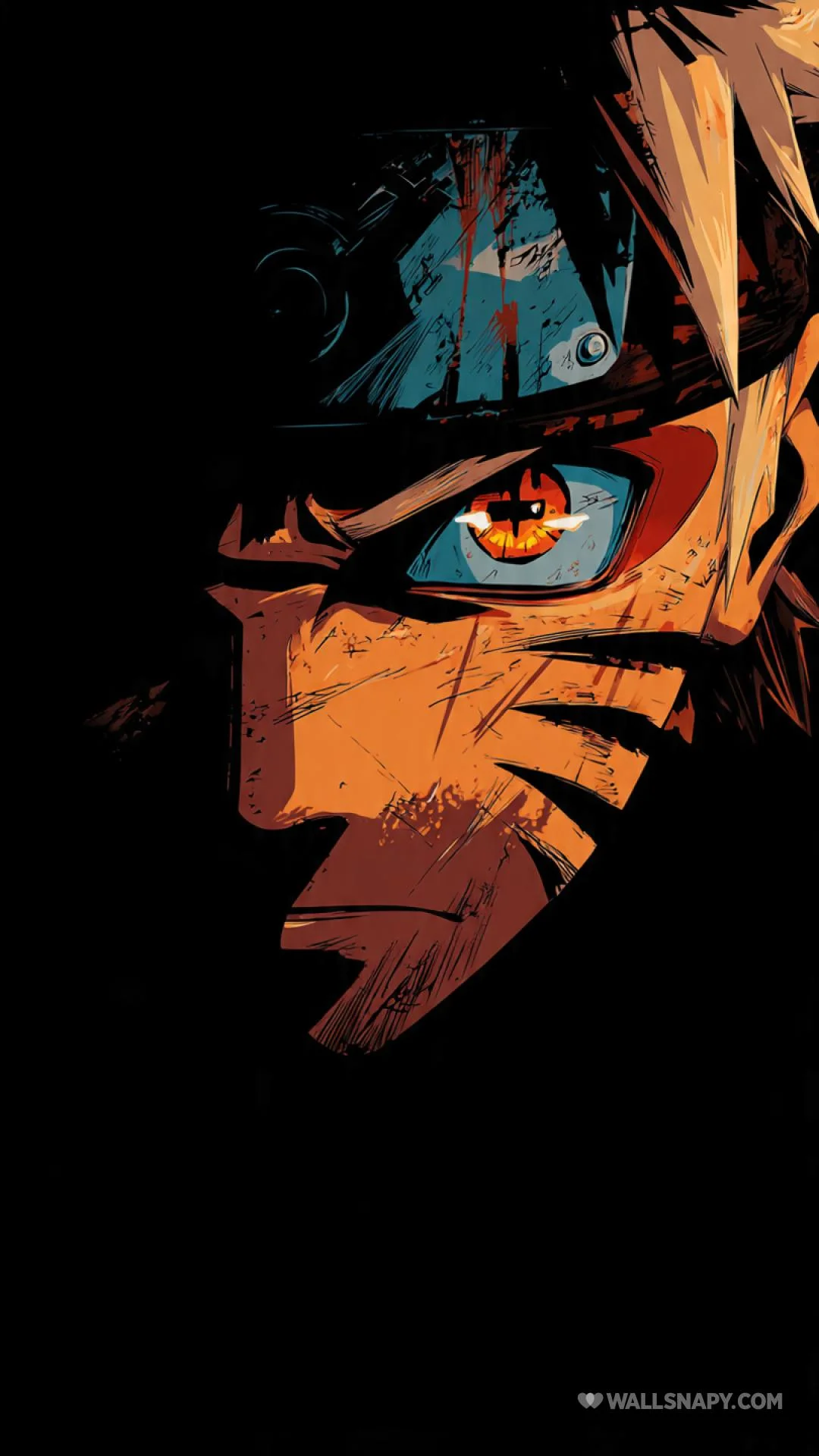Close-up of Naruto Uzumaki's face in Sage Mode with a glowing orange eye and dark background.