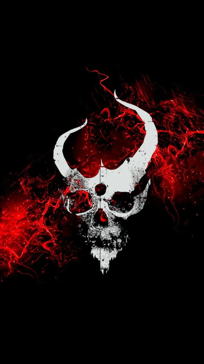 A white horned skull with a red glowing eye and red energy effects on a black background.