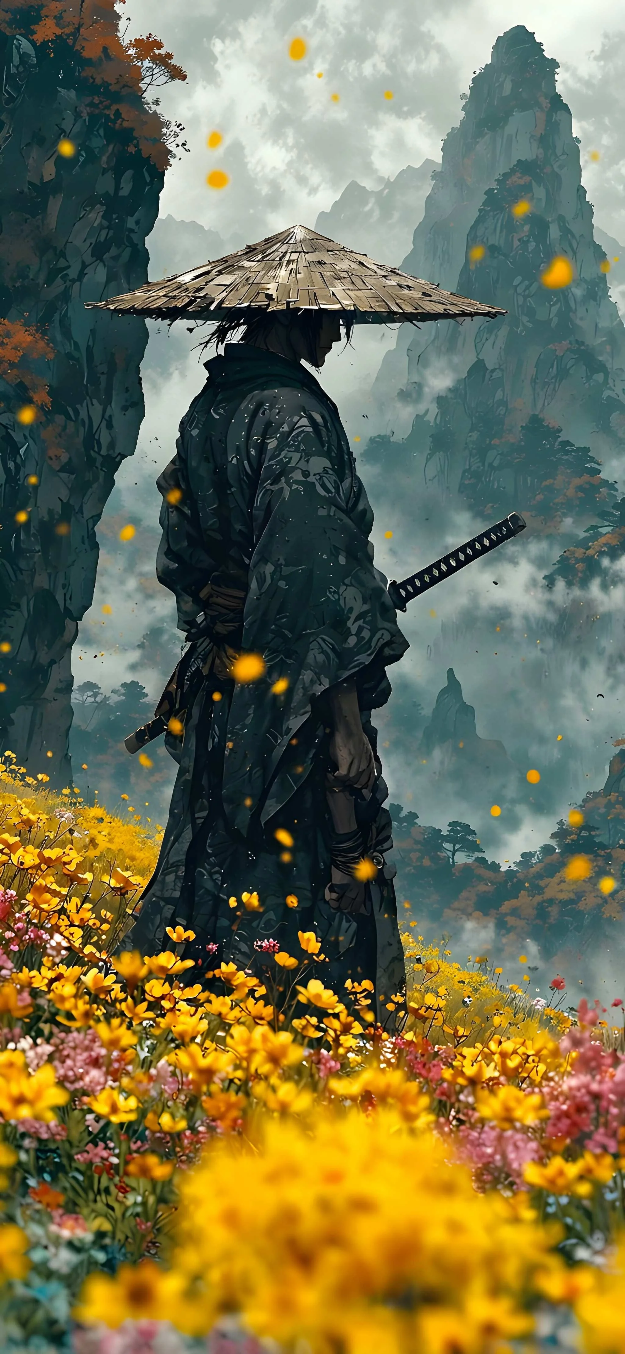 Samurai in Yellow Flower Mountain Mist Wallpaper