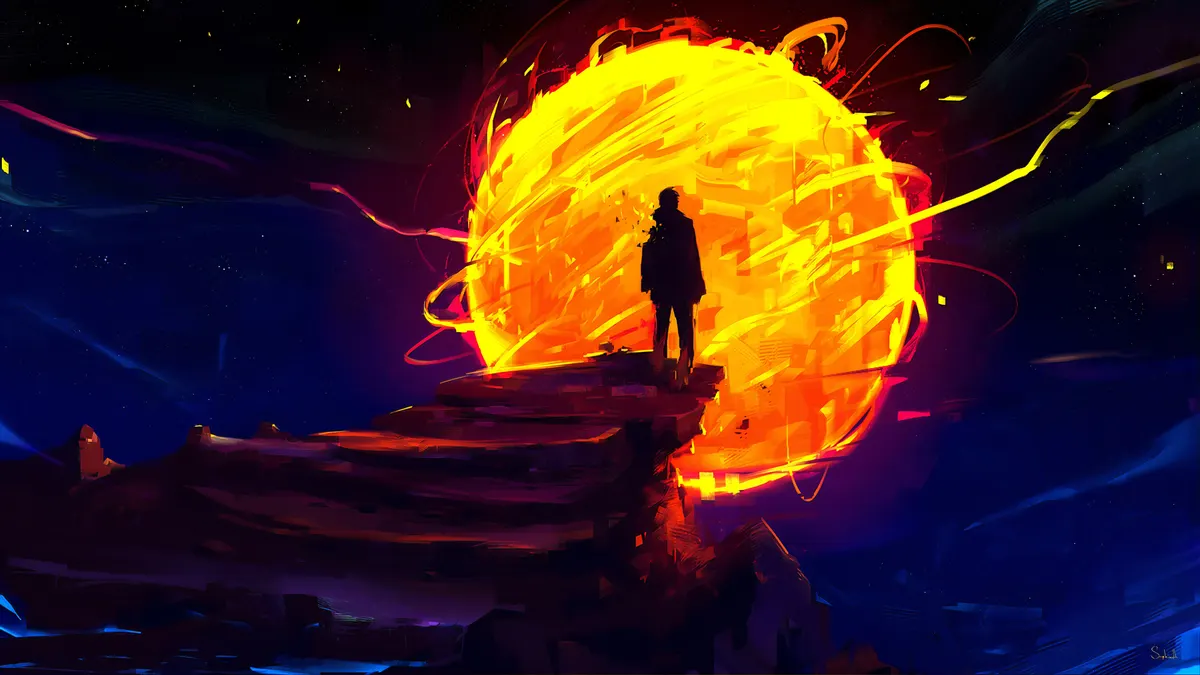 A silhouette of a person stands on a cliff looking at a large, bright orange sun against a dark blue sky.