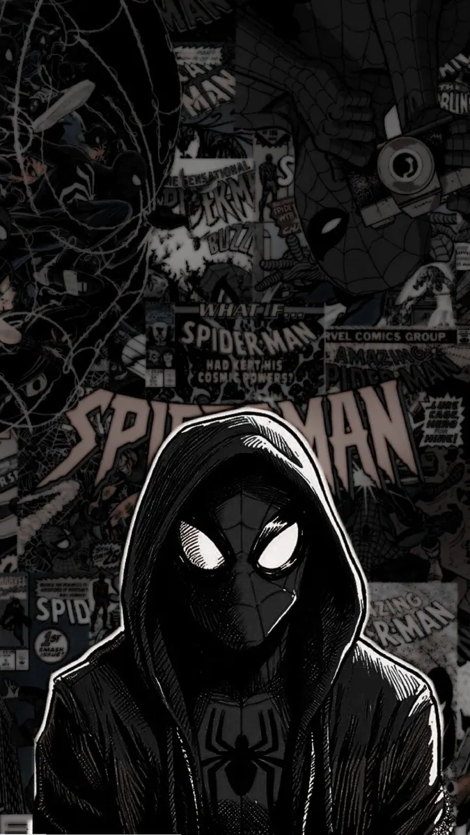 A dark, hooded Spider-Man character with glowing white eyes stands in front of a grayscale collage of vintage comic book covers.