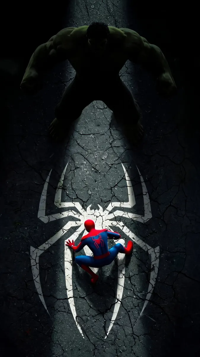 Spider-Man in a red and blue suit facing a dark, looming Hulk figure on cracked ground with a white spider logo.