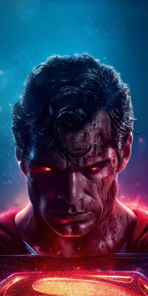 A close-up portrait of Superman with glowing red eyes and a battle-damaged face, surrounded by red and blue light.