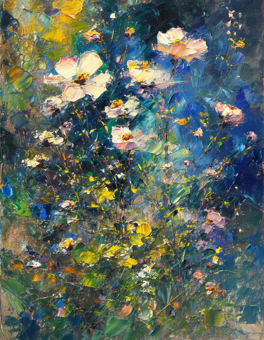 An impasto oil painting of white and yellow flowers with green and blue foliage in the background.