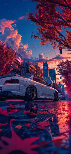 White Sports Car Sunset City Street iPhone Wallpaper wallpaper
